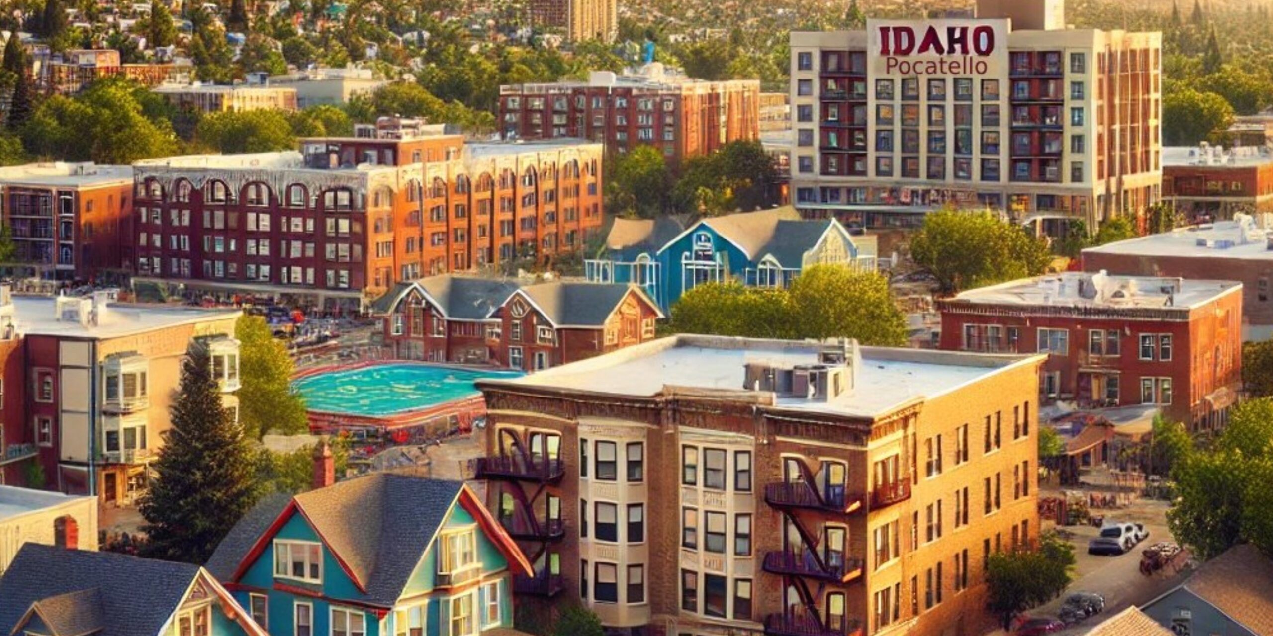 View of apartments and homes near Idaho State University in Pocatello, Idaho, with surrounding mountains in the background, highlighting the potential of investing in Pocatello apartment properties.