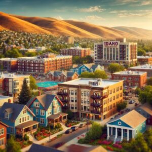 View of apartments and homes near Idaho State University in Pocatello, Idaho, with surrounding mountains in the background, highlighting the potential of investing in Pocatello apartment properties.