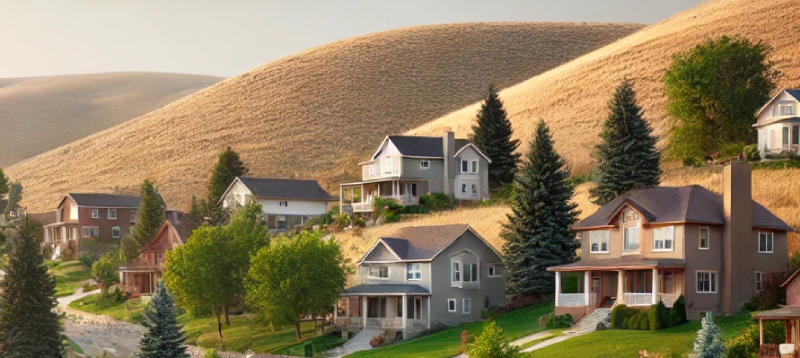 A peaceful residential neighborhood in Pocatello, Idaho, with a mix of single-family homes, duplexes, and fourplexes on a hill east of Yellowstone Avenue.