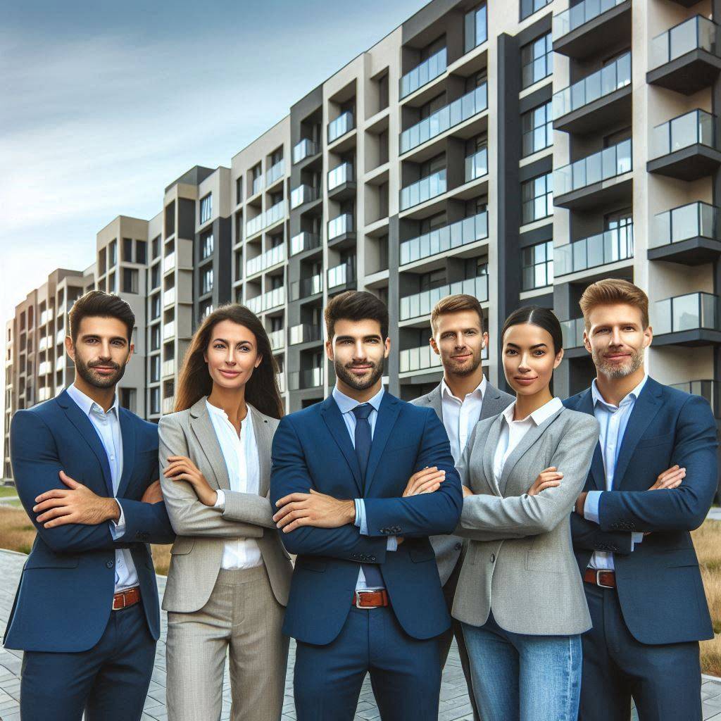 Diverse group of professionals standing in front of an apartment building